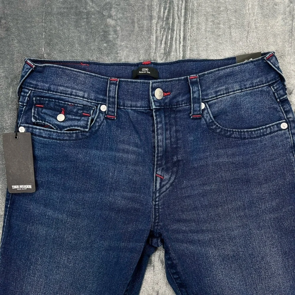 NWT True‎ Religion Dark Blue Red Stitch 34X30 Geno Relaxed Big T Flap $204 new